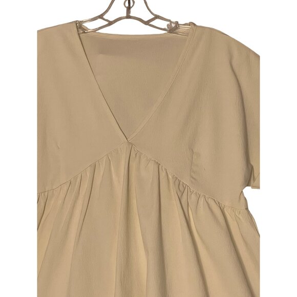Cream V-Neck Short Sleeve Babydoll Dress  Size M Mini Short Sleeve Chic - Picture 2 of 15